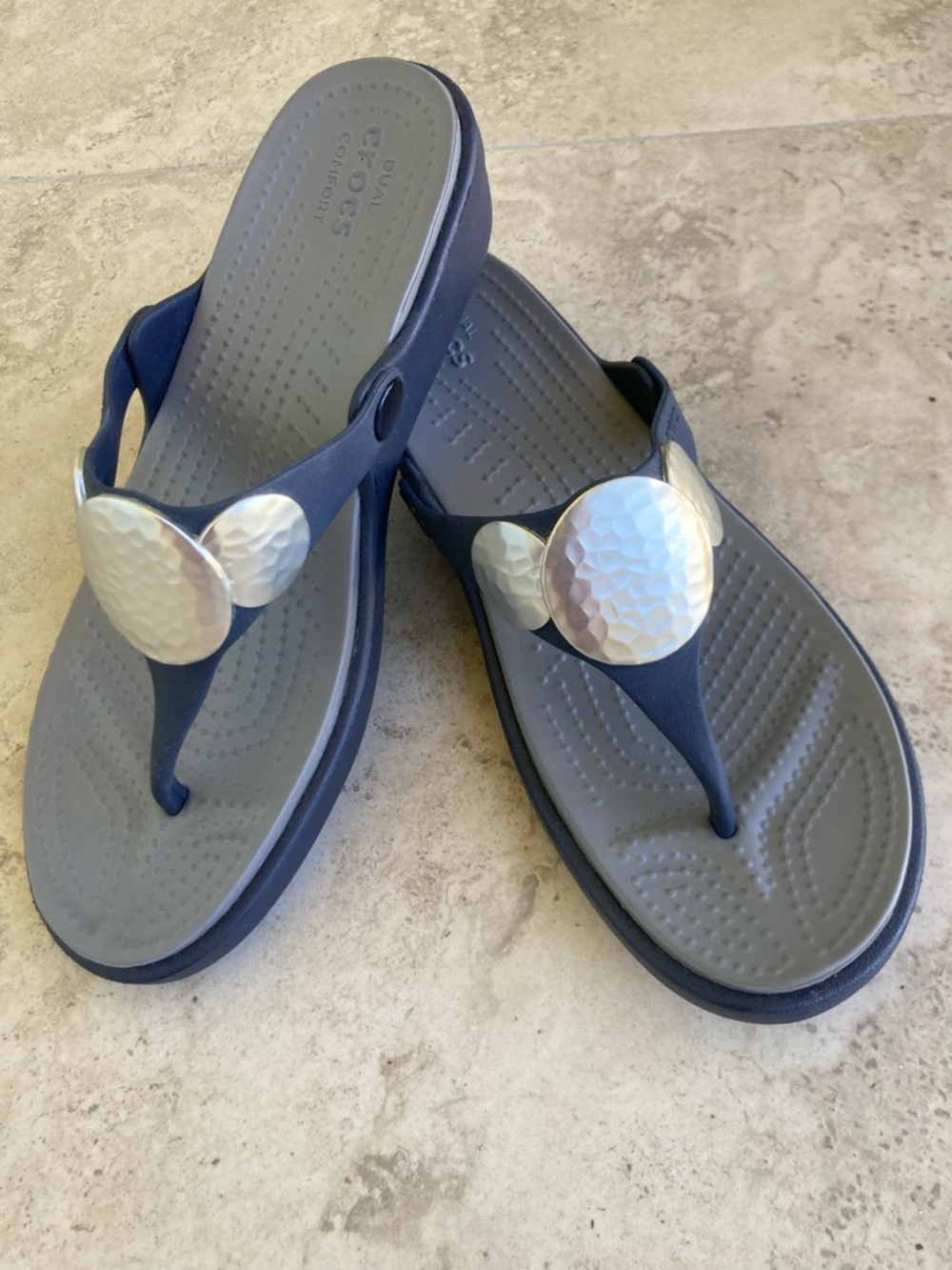 CROCS Navy and Gray Wedge Thong Sandals with Hammered Silver Discs - Picture 8 of 8